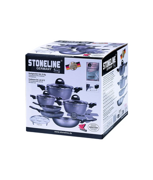 Schachtel STONELINE 12tlg Remo Kochset - schwarz von STONELINE, mit Verpackung mit Abbildungen von Töpfen, Pfannen, und Eigenschaften wie Antihaftbeschichtung und Induktion geeignet.