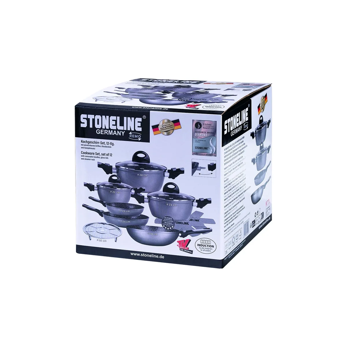 Schachtel STONELINE 12tlg Remo Kochset - schwarz von STONELINE, mit Verpackung mit Abbildungen von Töpfen, Pfannen, und Eigenschaften wie Antihaftbeschichtung und Induktion geeignet.