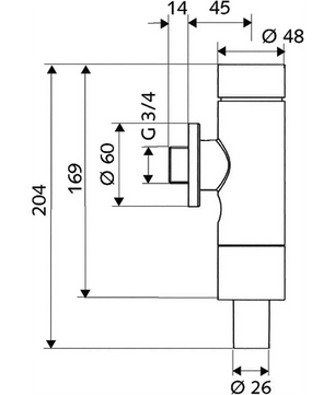 Technische Zeichnung einer Rohrverbindung mit beschrifteten Maßen und Durchmesserangaben in Millimetern, geeignet für den Einsatz mit dem SCHELL SCHELLOMAT BASIC DN 20 WC-Druckspüler – silber von SCHELL, ausgestattet mit einer selbstschließenden Kunststoffkartusche.