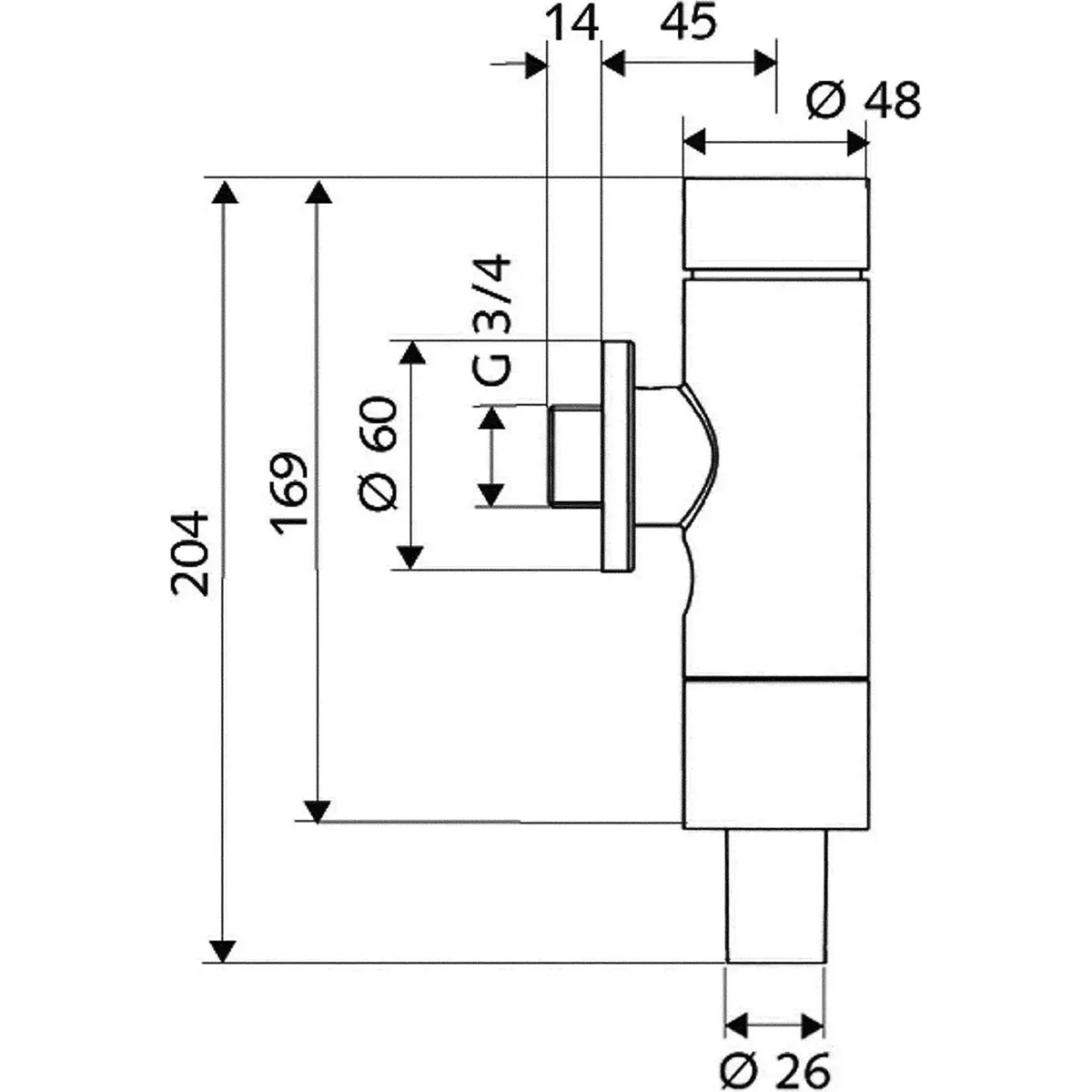 Technische Zeichnung einer Rohrverbindung mit beschrifteten Maßen und Durchmesserangaben in Millimetern, geeignet für den Einsatz mit dem SCHELL SCHELLOMAT BASIC DN 20 WC-Druckspüler – silber von SCHELL, ausgestattet mit einer selbstschließenden Kunststoffkartusche.