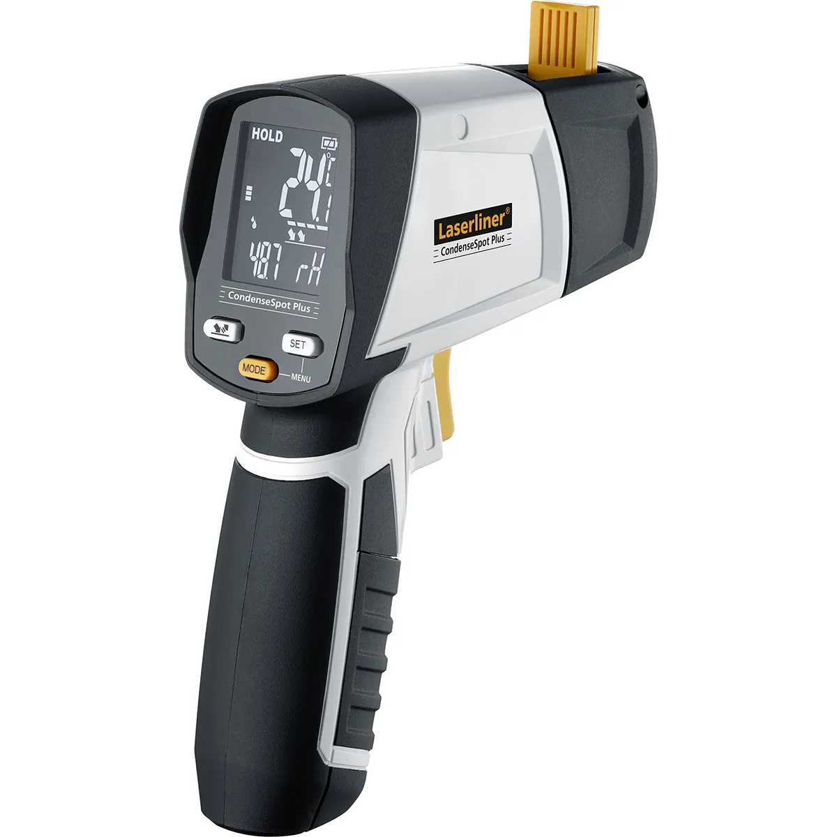 Das Laserliner CondenseSpot Plus Infrarot-Thermometer (weiß) ist ein Handgerät mit Display, ideal zum Aufspüren von Wärmebrücken und zur effizienten Überwachung von Kondensationsfeuchte.