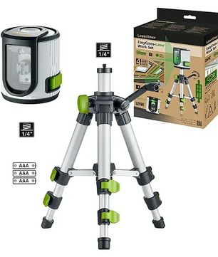 Laserliner EasyCross Kreuzlinienlaser – weiß, inklusive Stativ, AAA-Batterien und einer Verkaufsverpackung mit grünen Akzenten; wird mit deutlich beschrifteten 1/4″-Anschlüssen geliefert. Verfügt über automatische Nivellierung und einen grünen Laserstrahl für präzise Ausrichtung – ideal als professioneller Kreuzlinienlaser von Laserliner.