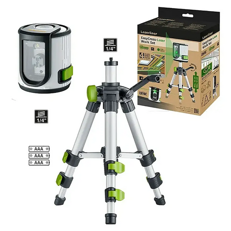 Laserliner EasyCross Kreuzlinienlaser – weiß, inklusive Stativ, AAA-Batterien und einer Verkaufsverpackung mit grünen Akzenten; wird mit deutlich beschrifteten 1/4″-Anschlüssen geliefert. Verfügt über automatische Nivellierung und einen grünen Laserstrahl für präzise Ausrichtung – ideal als professioneller Kreuzlinienlaser von Laserliner.
