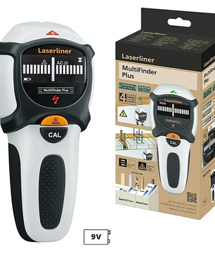 Das Ortungsgerät „Laserliner MultiFinder Plus – weiß“ von Laserliner ist hier zusammen mit seiner Verpackung und einer 9-V-Batterie zu sehen, die unter dem Gerät eingelegt ist – ideal zum schnellen und präzisen Orten von Leitungen.