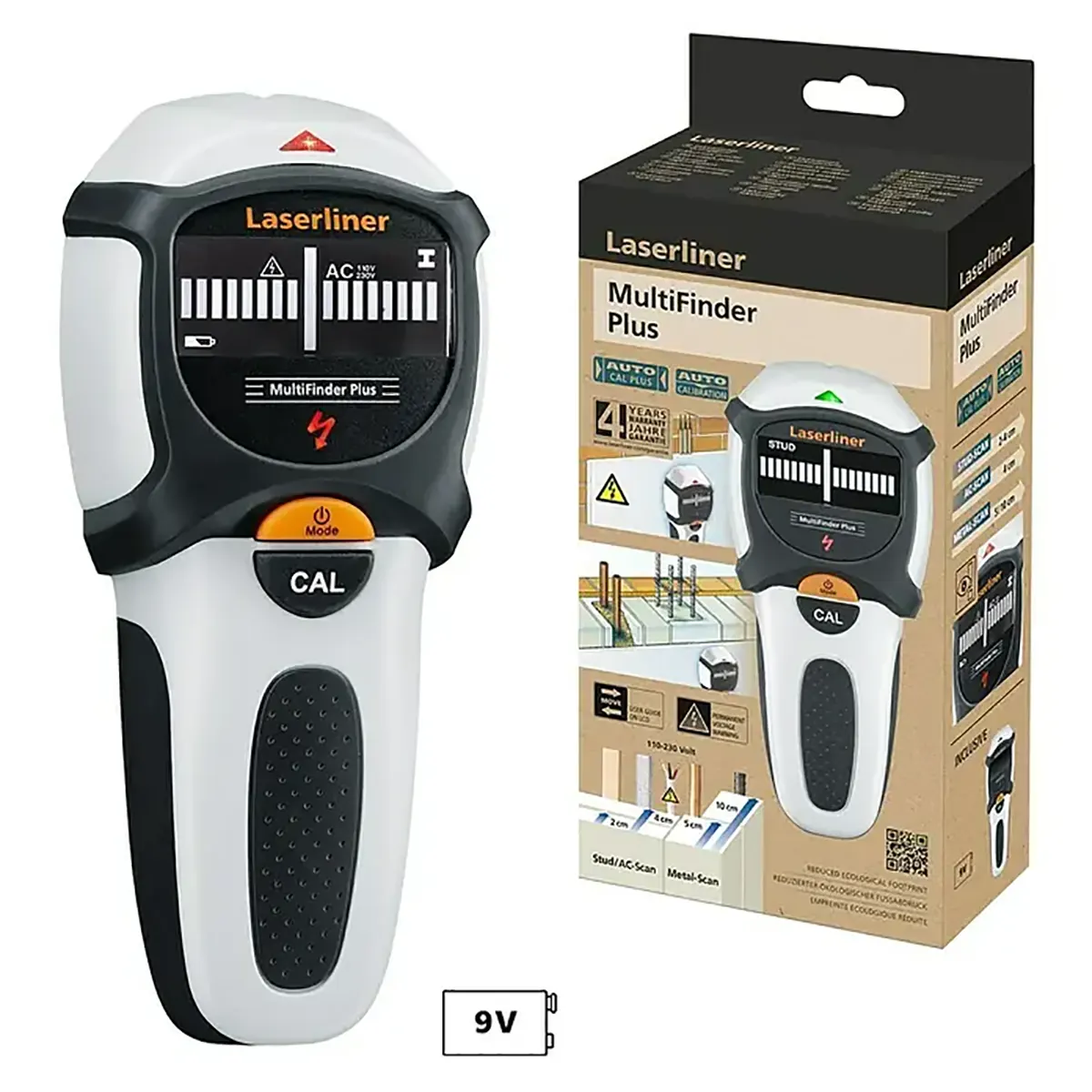 Das Ortungsgerät „Laserliner MultiFinder Plus – weiß“ von Laserliner ist hier zusammen mit seiner Verpackung und einer 9-V-Batterie zu sehen, die unter dem Gerät eingelegt ist – ideal zum schnellen und präzisen Orten von Leitungen.