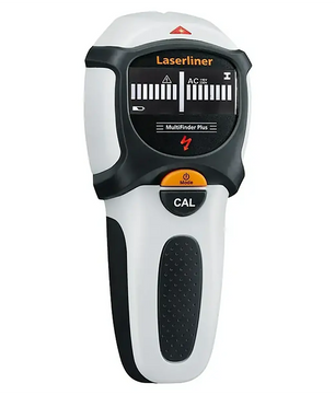 Das Laserliner MultiFinder Plus Ortungsgerät in Weiß ist ein Handgerät mit einem Display und Tasten mit den Bezeichnungen „Mode“ und „CAL“, das sich ideal zum Aufspüren von Kabeln eignet.