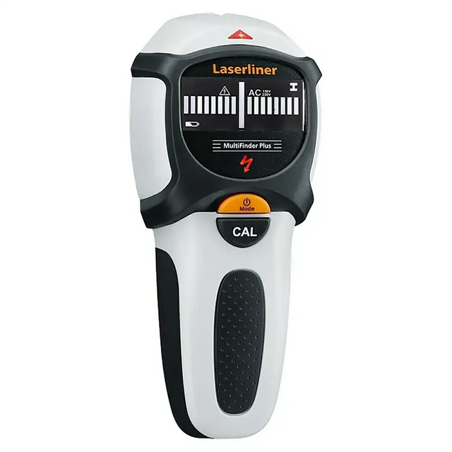 Das Laserliner MultiFinder Plus Ortungsgerät in Weiß ist ein Handgerät mit einem Display und Tasten mit den Bezeichnungen „Mode“ und „CAL“, das sich ideal zum Aufspüren von Kabeln eignet.