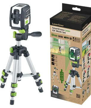Laserliner GX Work Set SmartCross-Laser in Grau, abgebildet auf einem Stativ mit Verpackungskarton. Dieser Kreuzlinien-Laser von Laserliner verfügt über innovative grüne Lasertechnologie und eignet sich daher ideal für präzise Arbeiten im Innenausbau.