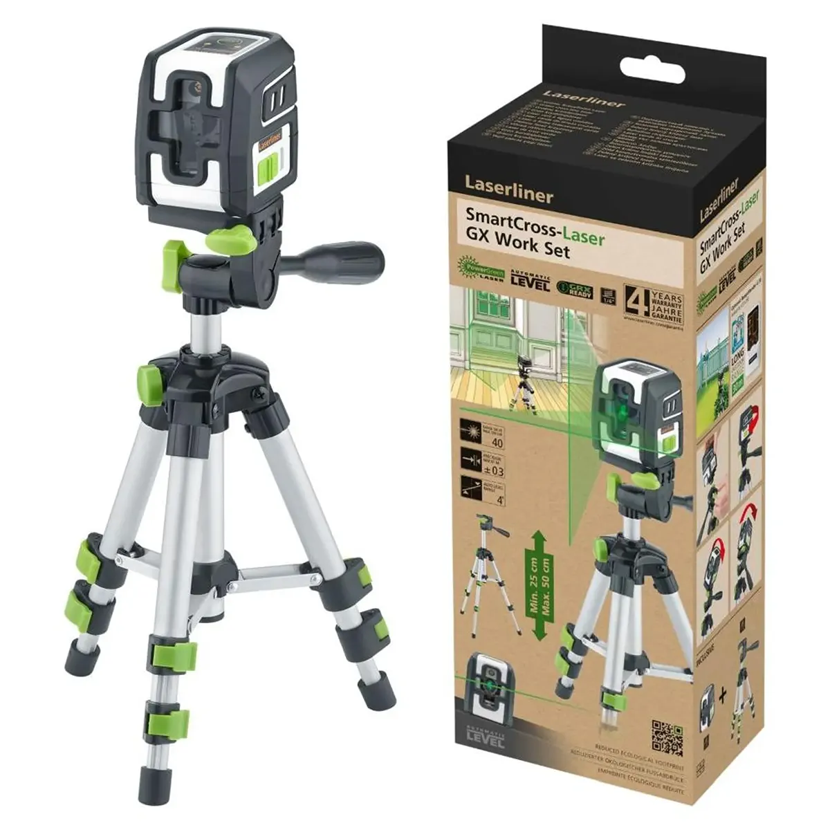 Laserliner GX Work Set SmartCross-Laser in Grau, abgebildet auf einem Stativ mit Verpackungskarton. Dieser Kreuzlinien-Laser von Laserliner verfügt über innovative grüne Lasertechnologie und eignet sich daher ideal für präzise Arbeiten im Innenausbau.