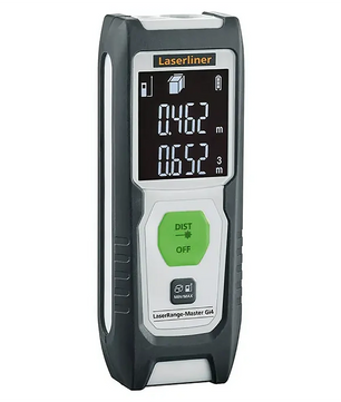 Der Laserliner LaserRange-Master Gi4 Laserentfernungsmesser in Grau misst präzise Distanzen, zeigt Werte auf dem Display an und verfügt unterhalb des Displays über eine grüne DIST-Taste.