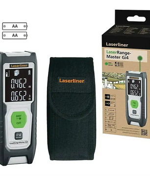 Der Laserliner LaserRange-Master Gi4 Laserentfernungsmesser in Grau bietet präzise Messungen mit grüner Lasertechnologie und wird inklusive Schutztasche, zwei AA-Batterien sowie Produktverpackung geliefert.