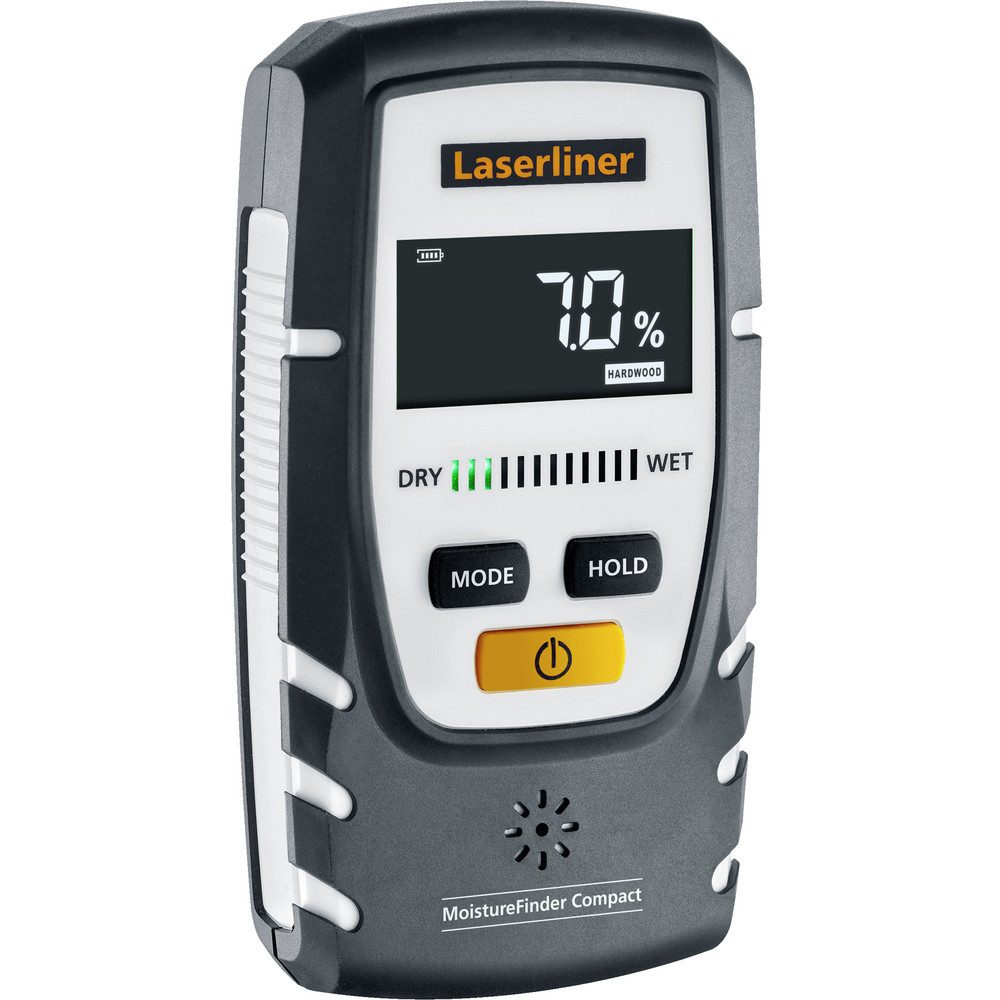 Das Laserliner MoistureFinder Compact Feuchtigkeitsmessgerät - grau von Laserliner zeigt auf seinem digitalen Display 7,0% an - ideal für die zerstörungsfreie Feuchtemessung und Holzfeuchtebestimmung.