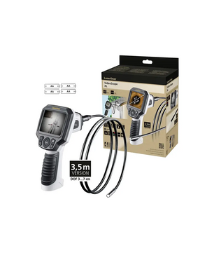 Laserliner VideoScope XL Inspektionskamera – grau, mit Display, flexiblem Messkabel und Verpackungskarton im Hintergrund.