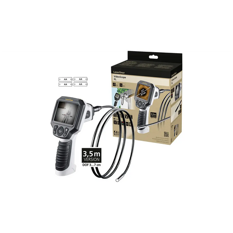 Laserliner VideoScope XL Inspektionskamera – grau, mit Display, flexiblem Messkabel und Verpackungskarton im Hintergrund.