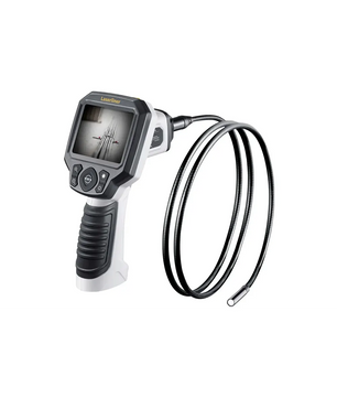Laserliner VideoScope XL Inspektionskamera – grau, eine handgeführte Inspektionskamera mit flexibler Sonde und Bildschirm, auf dem ein Bild zu sehen ist, vor weißem Hintergrund.