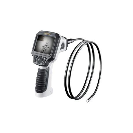 Laserliner VideoScope XL Inspektionskamera – grau, eine handgeführte Inspektionskamera mit flexibler Sonde und Bildschirm, auf dem ein Bild zu sehen ist, vor weißem Hintergrund.