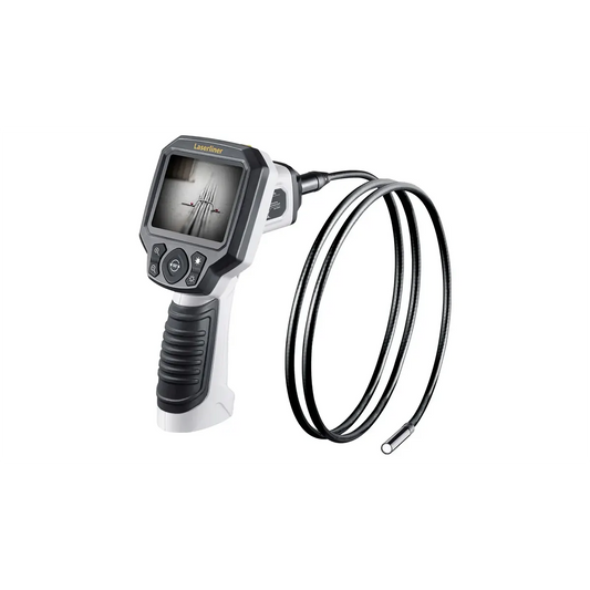 Laserliner VideoScope XL Inspektionskamera – grau, eine handgeführte Inspektionskamera mit flexibler Sonde und Bildschirm, auf dem ein Bild zu sehen ist, vor weißem Hintergrund.