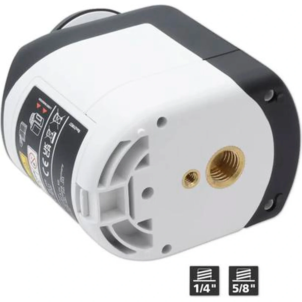 Kompaktes Laserliner G360 SmartLine-Lasergerät im schwarzen Gehäuse mit zwei Gewindeanschlüssen aus Messing (1/4, 5/8) für präzise Ausrichtungsarbeiten – ideal für den Einsatz mit grünen Lasern oder 360°-Linienlasern. Marke: Laserliner.