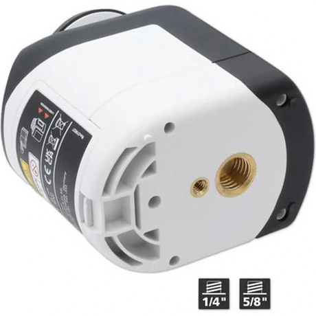Kompaktes Laserliner G360 SmartLine-Lasergerät im schwarzen Gehäuse mit zwei Gewindeanschlüssen aus Messing (1/4, 5/8) für präzise Ausrichtungsarbeiten – ideal für den Einsatz mit grünen Lasern oder 360°-Linienlasern. Marke: Laserliner.