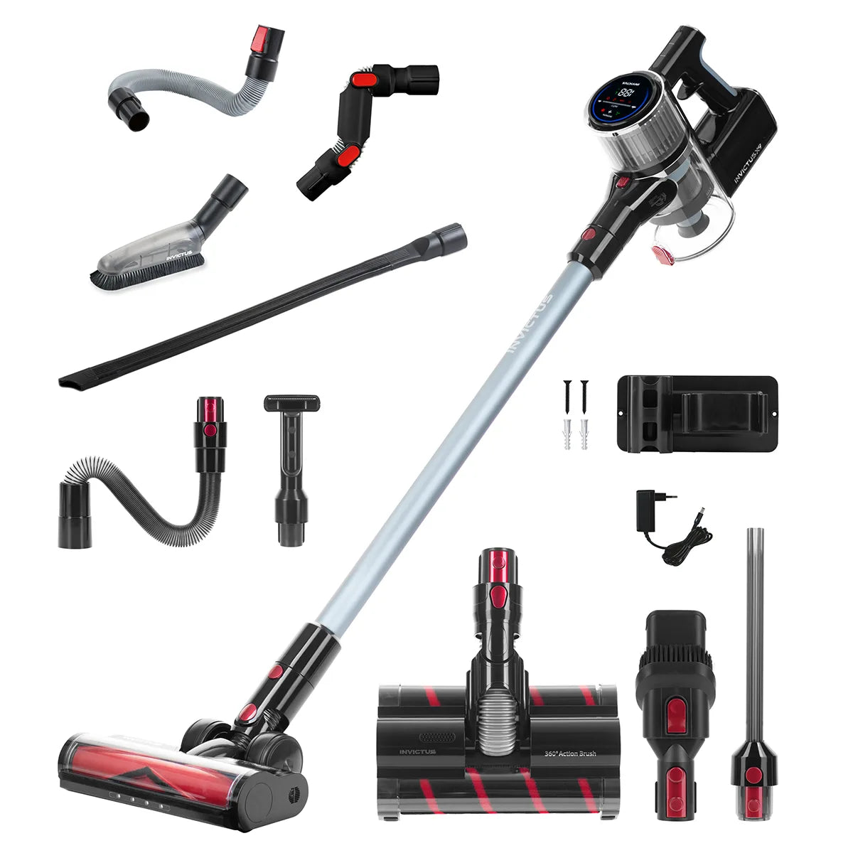 Das INVICTUS Staubsauger-Set INVICTUS X9 mit verschiedenen Aufsätzen wie Elektrobürste und Tierhaarbürste ist auf weißem Hintergrund abgebildet.