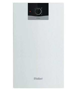 Ein weißer Vaillant eloSTOR VEN 10/7-5 U plus Elektro-Warmwasserspeicher von Vaillant mit einem eleganten schwarzen Bedienfeld und Temperaturregler, konzipiert für die Untertischmontage.