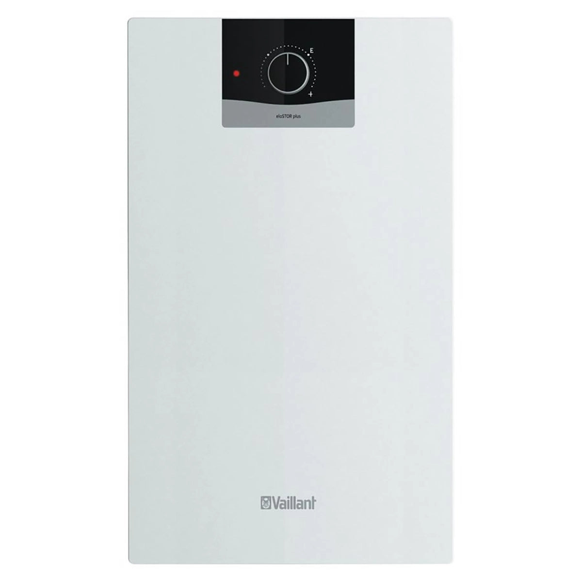 Ein weißer Vaillant eloSTOR VEN 10/7-5 U plus Elektro-Warmwasserspeicher von Vaillant mit einem eleganten schwarzen Bedienfeld und Temperaturregler, konzipiert für die Untertischmontage.