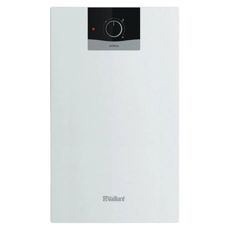 Ein weißer Vaillant eloSTOR VEN 10/7-5 U plus Elektro-Warmwasserspeicher von Vaillant mit einem eleganten schwarzen Bedienfeld und Temperaturregler, konzipiert für die Untertischmontage.