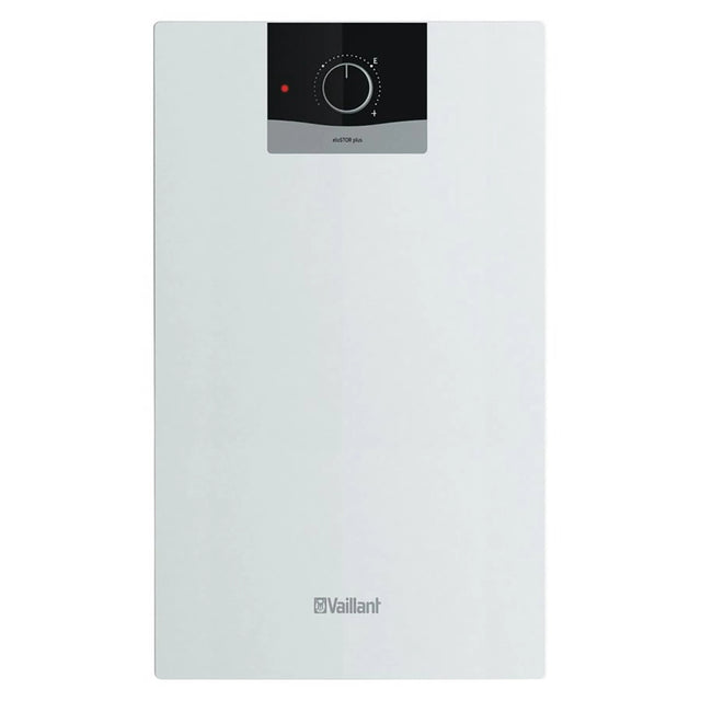 Ein weißer Vaillant eloSTOR VEN 10/7-5 U plus Elektro-Warmwasserspeicher von Vaillant mit einem eleganten schwarzen Bedienfeld und Temperaturregler, konzipiert für die Untertischmontage.