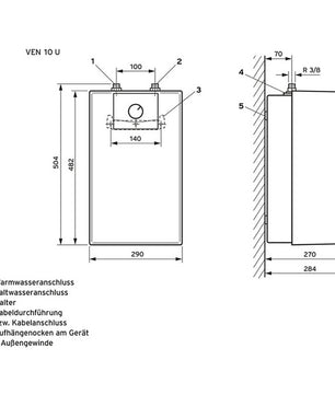 Technische Zeichnung des Vaillant eloSTOR VEN 10/7-5 U plus Elektro-Warmwasserspeichers in Weiß von Vaillant, konzipiert für den Einbau unter der Spüle, mit Vorder- und Seitenansichten sowie beschrifteten Bauteilen und Maßen.