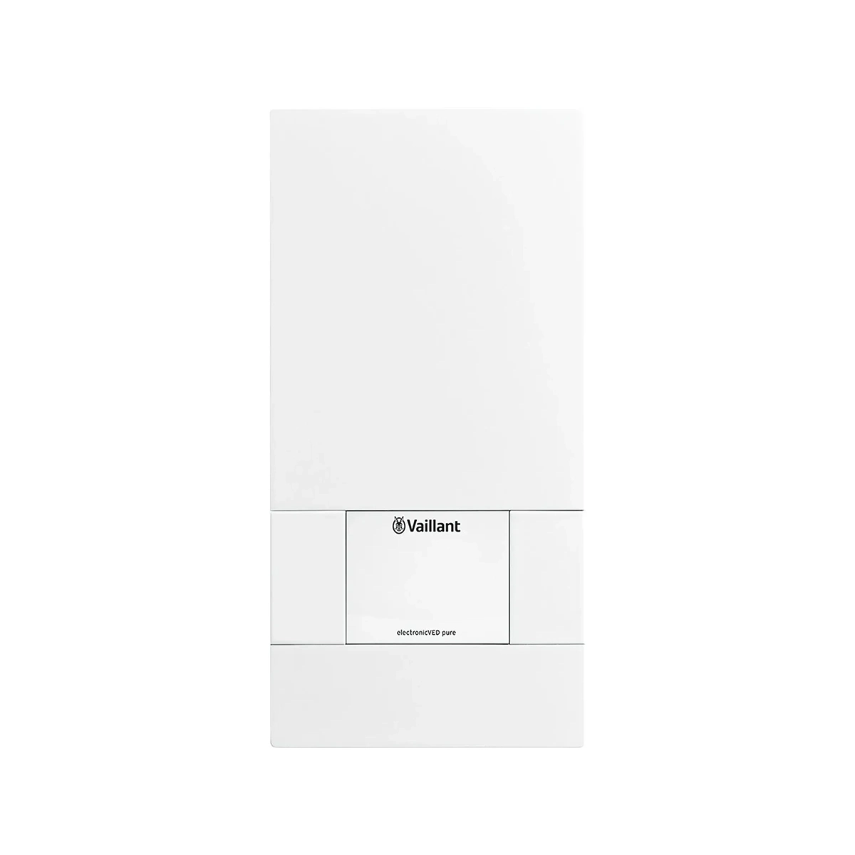 Ein weißer, rechteckiger, wandmontierter elektronischer Vaillant VED lite Durchlauferhitzer mit einer eleganten, minimalistischen Frontblende, der eine zuverlässige Warmwasserversorgung und einen verbesserten Verbrühschutz für Ihr Zuhause gewährleistet.
