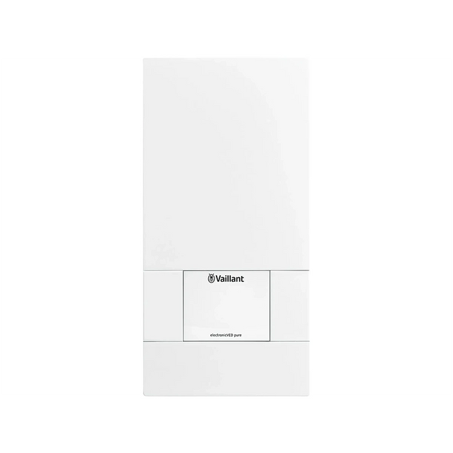 Ein weißer, rechteckiger, wandmontierter elektronischer Vaillant VED lite Durchlauferhitzer mit einer eleganten, minimalistischen Frontblende, der eine zuverlässige Warmwasserversorgung und einen verbesserten Verbrühschutz für Ihr Zuhause gewährleistet.