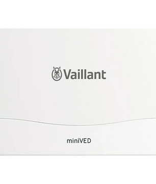 Der Vaillant miniVED Kleindurchlauferhitzer – weiß ist ein kompaktes, rechteckiges Gerät in Weiß, das auf der Vorderseite mit dem Vaillant-Logo und der Aufschrift „miniVED“ versehen ist. Es ist für die Untertischmontage konzipiert und dient als platzsparender Kleindurchlauferhitzer zur effizienten Warmwasserbereitung.