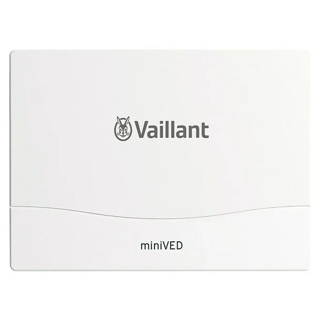 Der Vaillant miniVED Kleindurchlauferhitzer – weiß ist ein kompaktes, rechteckiges Gerät in Weiß, das auf der Vorderseite mit dem Vaillant-Logo und der Aufschrift „miniVED“ versehen ist. Es ist für die Untertischmontage konzipiert und dient als platzsparender Kleindurchlauferhitzer zur effizienten Warmwasserbereitung.