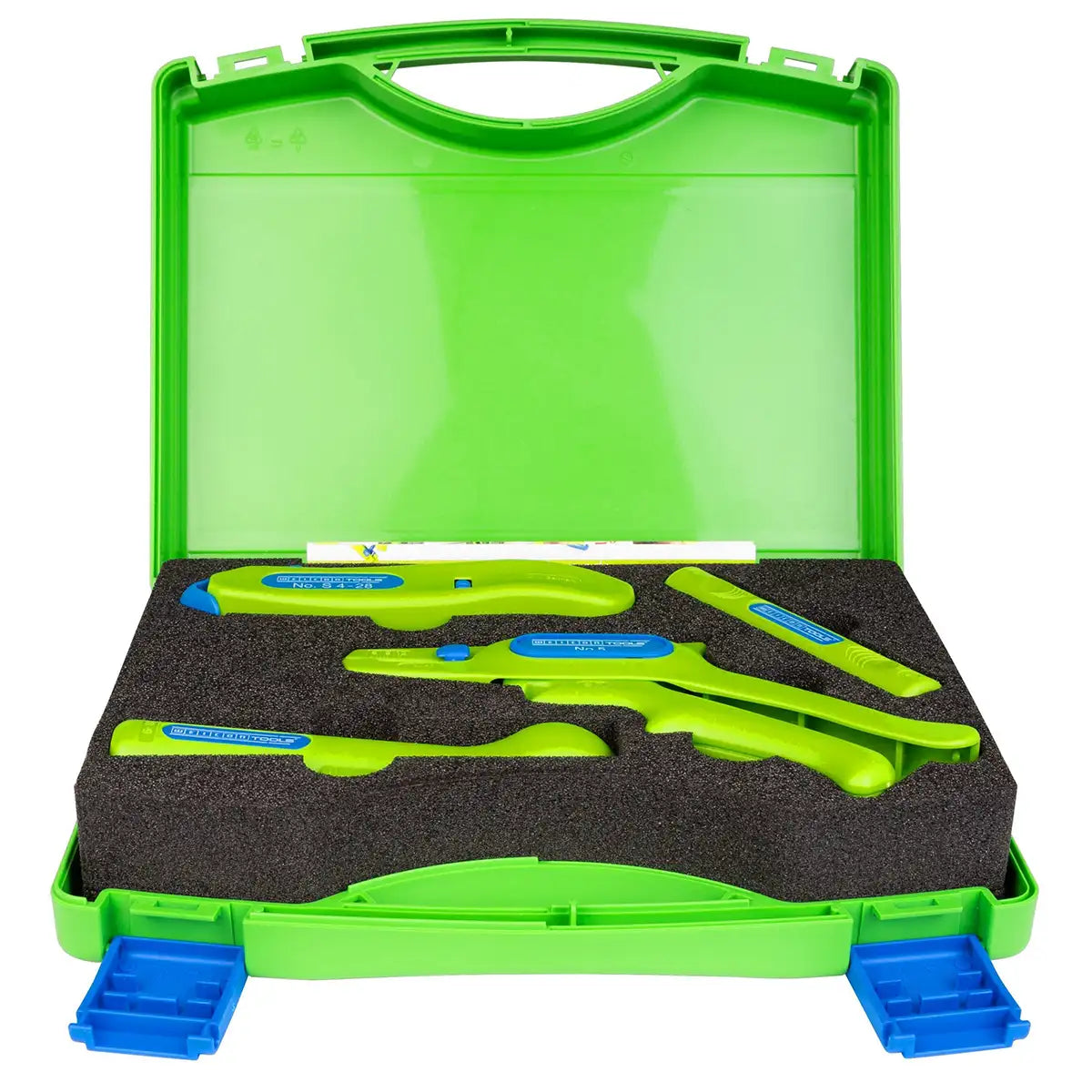 Das WEICON TOOLS Profi-Starter-Set Green Line – grün wird in einem hellgrünen Kunststoff-Werkzeugkoffer mit Schaumstoffeinlage geliefert, der Abisolierwerkzeuge und weiteres Zubehör von WEICON TOOLS enthält – ideal für nachhaltige Elektroinstallationen; Deckel geöffnet.