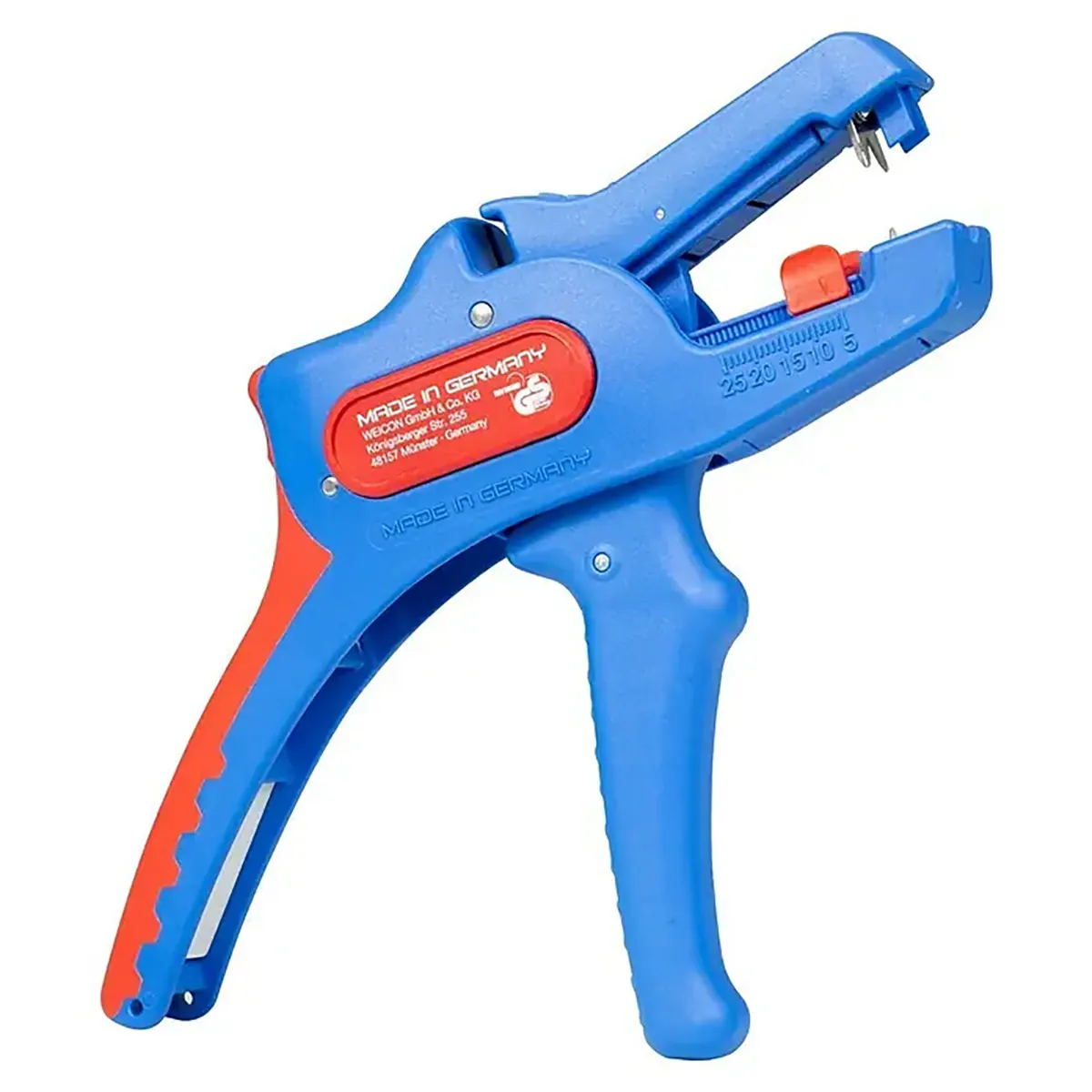 Die Weicon No. 5 Pro Abisolierzange - blau, ist ideal für Schaltschrankbau und Elektroinstallationen und wird vor einem weißen Hintergrund gezeigt.