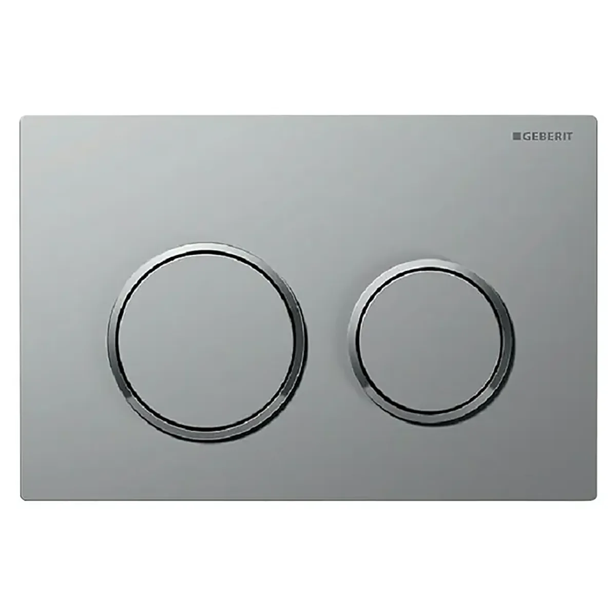 Die Geberit Omega20 Betätigungsplatte – Chrom ist eine silberfarbene Betätigungsplatte von Geberit mit zwei runden Tasten unterschiedlicher Größe auf rechteckigem Hintergrund. Sie ist für die Verwendung mit dem Geberit Omega Unterputzspülkasten konzipiert und bietet ein praktisches 2-Mengen-Spülsystem für einen effizienten Wasserverbrauch.