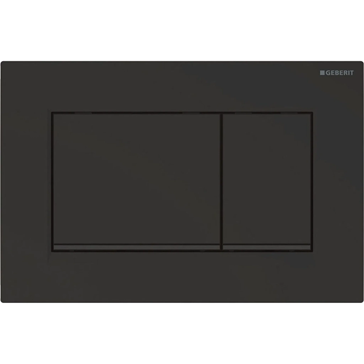 Geberit Sigma 30 Betätigungsplatte – schwarz, eine rechteckige Betätigungsplatte von Geberit in eleganter, mattschwarzer Ausführung, verfügt über zwei Tasten – eine große und eine kleine – und wird vor einem schlichten weißen Hintergrund präsentiert.