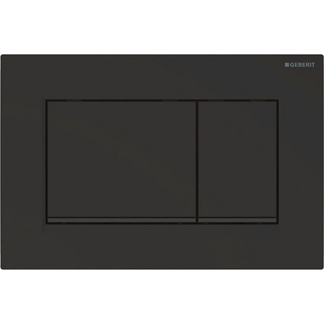 Geberit Sigma 30 Betätigungsplatte – schwarz, eine rechteckige Betätigungsplatte von Geberit in eleganter, mattschwarzer Ausführung, verfügt über zwei Tasten – eine große und eine kleine – und wird vor einem schlichten weißen Hintergrund präsentiert.