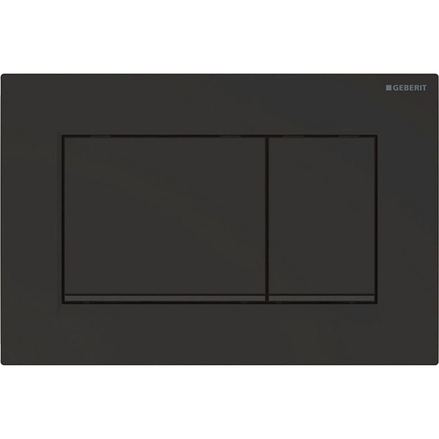 Geberit Sigma 30 Betätigungsplatte – schwarz, eine rechteckige Betätigungsplatte von Geberit in eleganter, mattschwarzer Ausführung, verfügt über zwei Tasten – eine große und eine kleine – und wird vor einem schlichten weißen Hintergrund präsentiert.