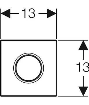 Ein Quadrat mit einem zentrierten Kreis – jede Seite misst 13 Einheiten – veranschaulicht hervorragend die klare, moderne Ästhetik, die sich in Produkten wie der Geberit Sigma 01 Betätigungsplatte – weiß von Geberit widerspiegelt, die häufig zur Auslösung der Urinalspülung verwendet wird.