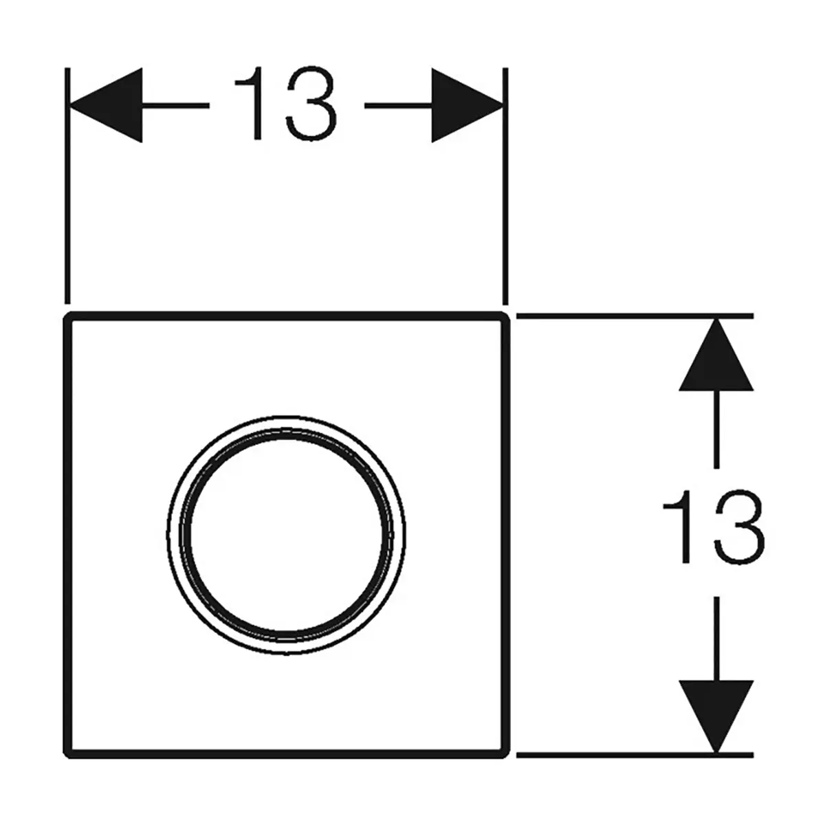 Ein Quadrat mit einem zentrierten Kreis – jede Seite misst 13 Einheiten – veranschaulicht hervorragend die klare, moderne Ästhetik, die sich in Produkten wie der Geberit Sigma 01 Betätigungsplatte – weiß von Geberit widerspiegelt, die häufig zur Auslösung der Urinalspülung verwendet wird.