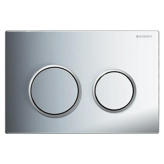 Die Geberit Omega20-Betätigungsplatte in Chrom von Geberit zeichnet sich durch eine elegante, glänzende Oberfläche und zwei runde Tasten – eine große und eine kleine – für eine bequeme Zweimengenspülung aus.
