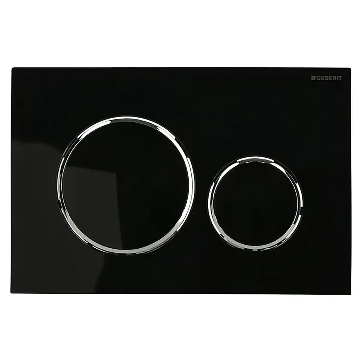 Die Geberit Sigma20 Betätigungsplatte – schwarz besticht durch eine elegante schwarze Oberfläche mit einem großen und einem kleinen runden Chromknopf sowie dem Geberit-Logo in der oberen rechten Ecke und verfügt über eine innovative 2-Mengen-Spülauslösung für einen effizienten Wasserverbrauch. Sie ist für den Einsatz mit Unterputz-Spülkastensystemen konzipiert.