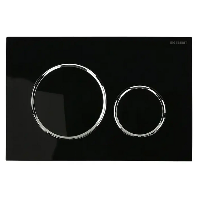 Die Geberit Sigma20 Betätigungsplatte – schwarz besticht durch eine elegante schwarze Oberfläche mit einem großen und einem kleinen runden Chromknopf sowie dem Geberit-Logo in der oberen rechten Ecke und verfügt über eine innovative 2-Mengen-Spülauslösung für einen effizienten Wasserverbrauch. Sie ist für den Einsatz mit Unterputz-Spülkastensystemen konzipiert.