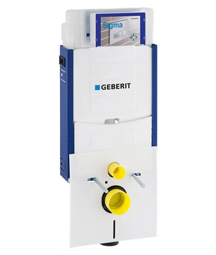 Das Geberit Kombifix Element Nassbauelement – weiß von Geberit verfügt über einen weiß-blauen Unterputzrahmen, der die integrierten Rohrleitungen deutlich sichtbar macht, wird mit einer oben aufliegenden Bedienungsanleitung geliefert und ist speziell für die Installation von Wand-WCs mit einem Unterputzspülkasten konzipiert, um ein nahtloses Erscheinungsbild zu gewährleisten.