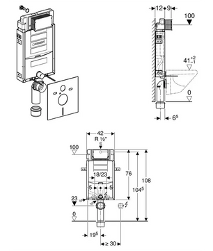 Technische Zeichnung einer Wand-WC-Installation mit dem Geberit Kombifix Element Nassbauelement – weiß von Geberit, mit Vorderansicht, Seitenansicht und detaillierten Maßangaben.