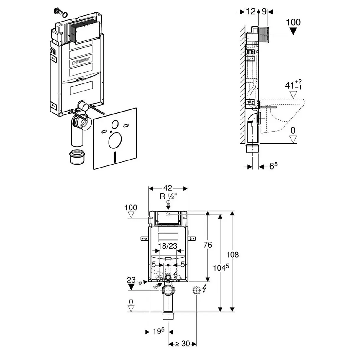 Technische Zeichnung einer Wand-WC-Installation mit dem Geberit Kombifix Element Nassbauelement – weiß von Geberit, mit Vorderansicht, Seitenansicht und detaillierten Maßangaben.