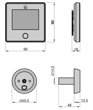 Technische Zeichnung des Basi TS 800 Digitaler Türspion - schwarz von Basi, im quadratischen Design mit LCD-Farbdisplay, Taste, Bildschirm und beschrifteten Abmessungen sowie Seitenansichten.