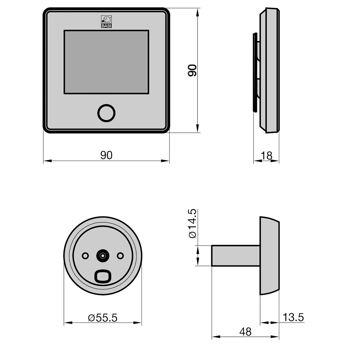 Technische Zeichnung des Basi TS 800 Digitaler Türspion - schwarz von Basi, im quadratischen Design mit LCD-Farbdisplay, Taste, Bildschirm und beschrifteten Abmessungen sowie Seitenansichten.