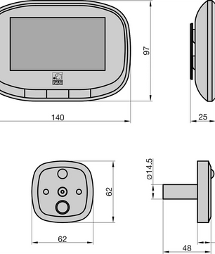 Technische Zeichnung des Basi TS 810 Digitaler Türspion - schwarz von Basi, mit Nachtsicht und Maßangaben in Millimetern.